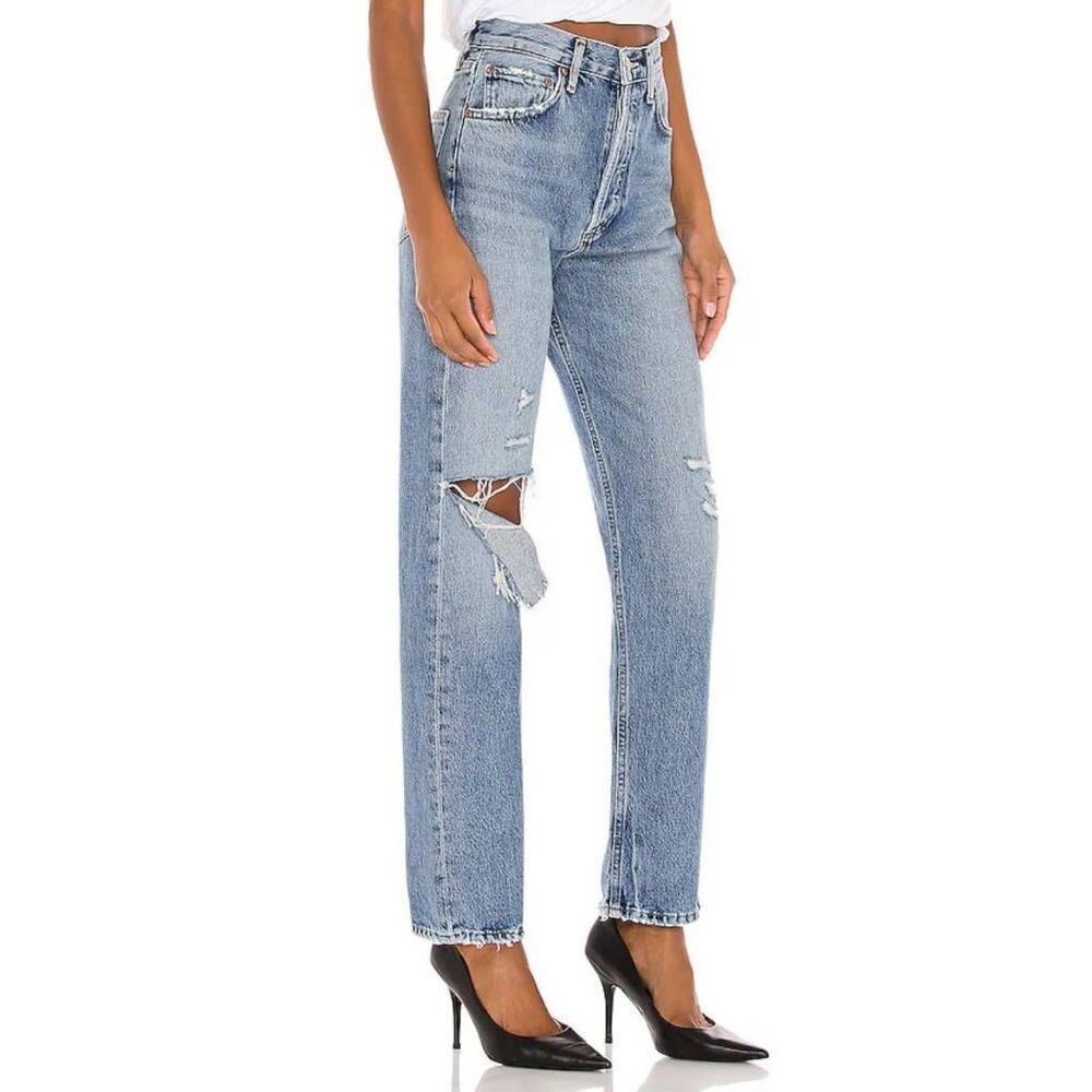 AGOLDE 90s Pinch Waist High Rise Straight Jeans 25 Distressed Light Wash Denim - Picture 5 of 16